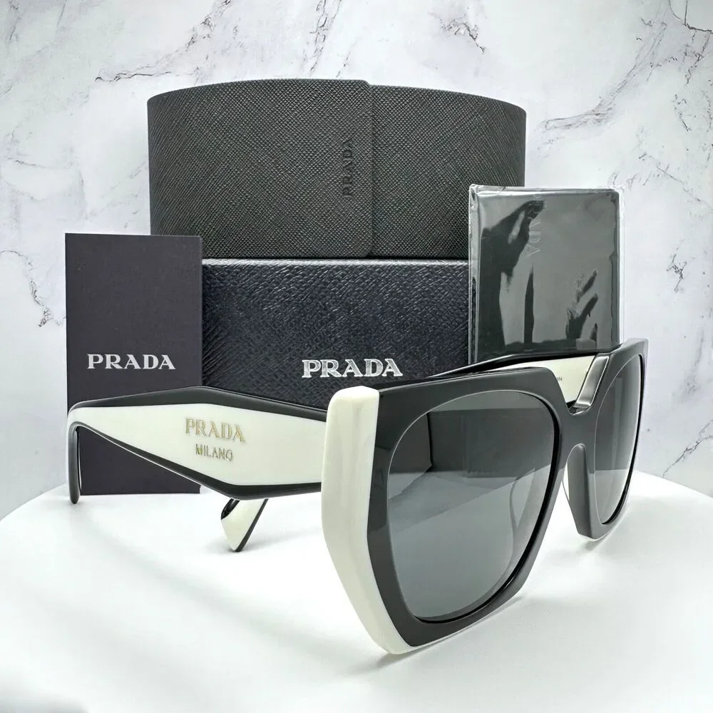 New Prada Sunglasses Womens Black White Symbole Logo Authentic Gold Logo Italy